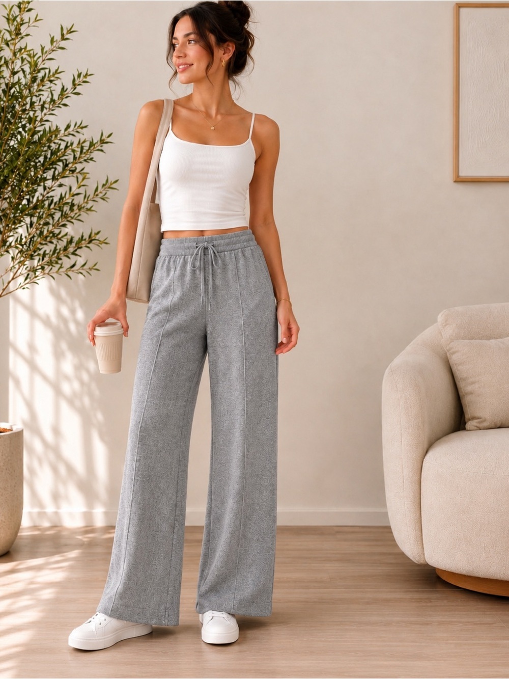 Haven Well Within Gray Marled Wide Leg Lounge Pants Soft Knit Drawstring Medium